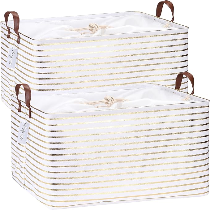 Hinwo 70L Extra Large Canvas Storage Bin with Lid and Handles, 2-Pack | Collapsible Fabric Baskets, Closet Shelf Organizers, Containers for Clothing, Blankets, Toys, Bedding (Gold Stripe) by Hinwo