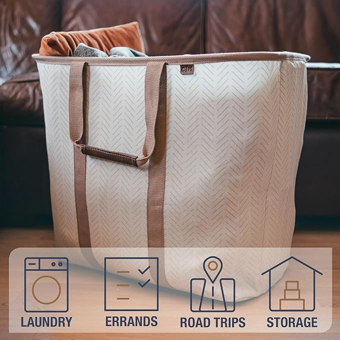 Collapsible Laundry Caddy LUXE (300D) - Navy Noir/Cream (2PK) | Upgrade Visible Laundry Storage | Refined Fabric and Vegan Leather Suit Open Rooms, While Structured Frame Carries 2 Loads - Image 4