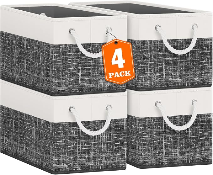 Storage Bins 4-Pack, Foldable Storage Baskets for Organizing Toys, Books, Shelves, Closet, Large Storage Box with Rope Handles, Sturdy Organizer Bins, White & Black by Fabtotes