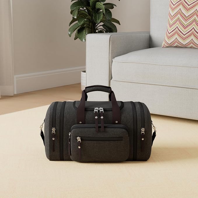 EKOROMIER Large Canvas Duffle Bag for Travel, Expandable 55L Weekender bags | Features Luggage Trolley Sleeve, Multi-Pockets for Traveling, Overnight Airplane Carry-On Bag for Men & Women - Dark Grey - Image 2