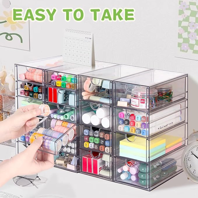 VZKAH Clear Acrylic Desk Organizer with 20 Drawers, 4 Modular Units | 4-piece clear drawer set for office supplies, crafts, makeup, and small daily items on desks, vanities, counters - Image 4