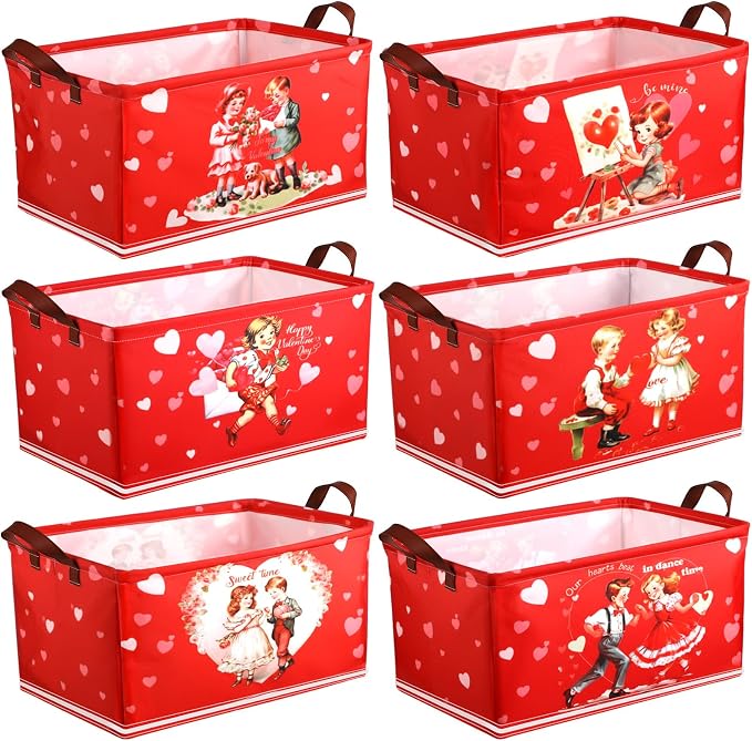 CHENGU 6 Pack Valentine's Day Storage Basket Vintage Valentine's Day Basket for Gift Collapsible Red Heart Holiday Decor Retro Large Bin Foldable Waterproof Box with Handle for Bedroom Laundry Nursery by CHENGU
