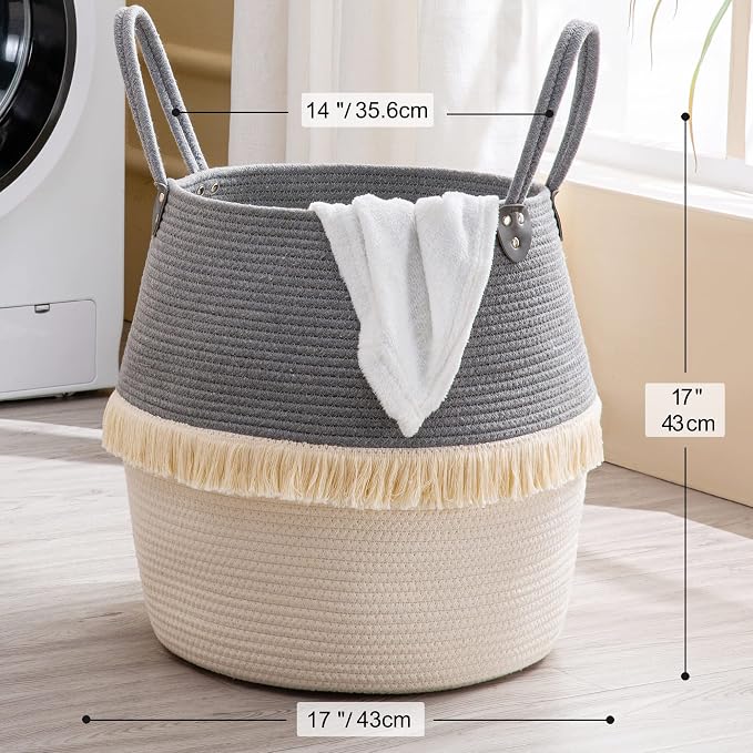 KAKAMAY Woven Baskets for Storage(17"x17"),Large Cotton Rope Woven Baby Laundry Hamper,Collapsible Laundry Basket, Blanket Basket for Organizing Living Room,Nursery,Pillows,Toy Chest(Grey) - Image 2