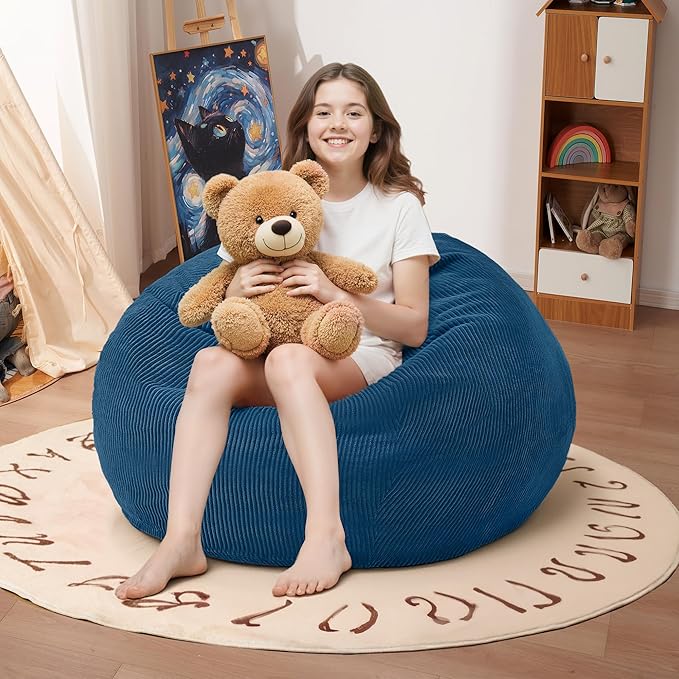 2FT Bean Bag Chair: 2' Small Bean Bags with Memory Foam Filled | Beanbag Chairs with Handle,Teardrop Bean Bag Sofa with Corduroy Machine Washable Cover for Living Room,Bedroom-Dark Blue by Cansunna