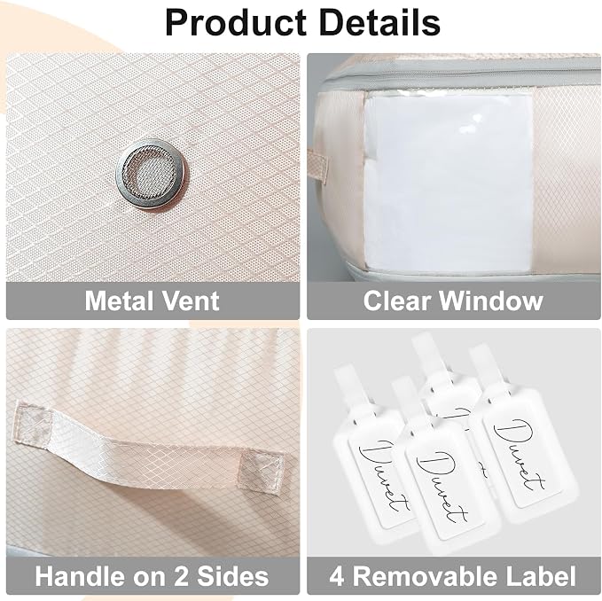 DIMJ Comforter Storage Bag - Large Capacity Ultra Space Saving Self Compression Organize for Duvet, Pillow, Bedding, Blanket Storage Organizer Nylon Compression Bags, Sheet Storage, Beige, 4 Pack - Image 6