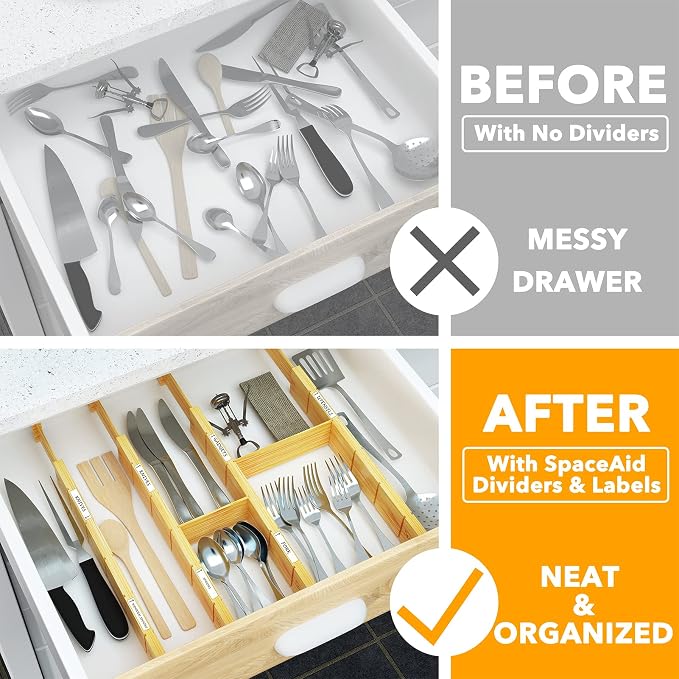 SpaceAid Bamboo Drawer Dividers with Inserts and Labels, Kitchen Adjustable Drawer Organizers, Expandable Organization for Home, Office, Dressers and Bathroom, 8 Dividers with 18 Inserts (17-22 in) - Image 2