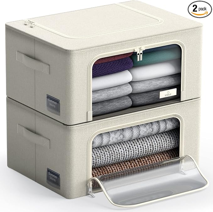 Sorbus Storage Bins with Metal Frame - Stackable & Foldable Clothes Organizer Bags - Oxford Fabric Storage Containers with Large Clear Window & Carry Handles, Bedroom Organization for Bedding & Linen by Sorbus