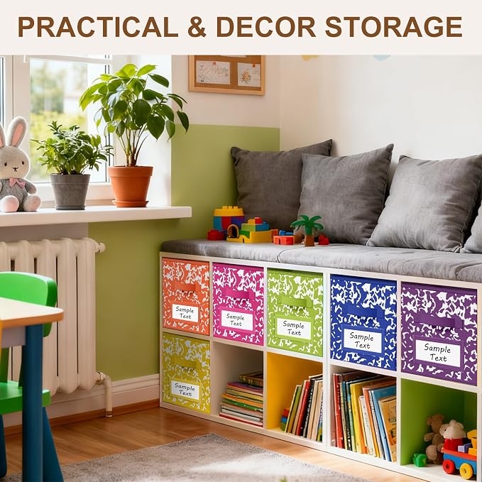 LemonRoad 6 Fabric Storage Cube 11 Inch Foldable Marble Storage Bin with Label for Organizing Pantry, Toy Box, Clothes Closet Collapsible Basket for School Organizing with Handle(Rainbow, Label) - Image 5