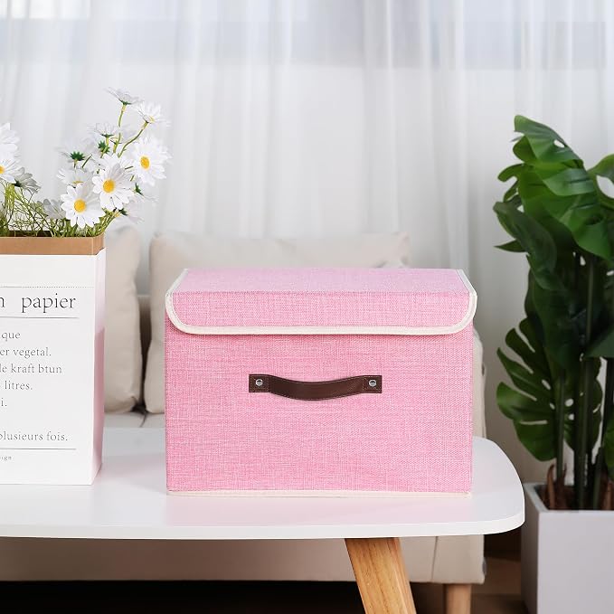 ANMINY Fabric Storage Box Bins with Lids, Pink, 15"x10"x10" | Keepsake Memory Storage, Cotton Linen, PP Board Reinforced, Washable, PU Handles, Foldable & Stackable, Decorative, Large - Image 9