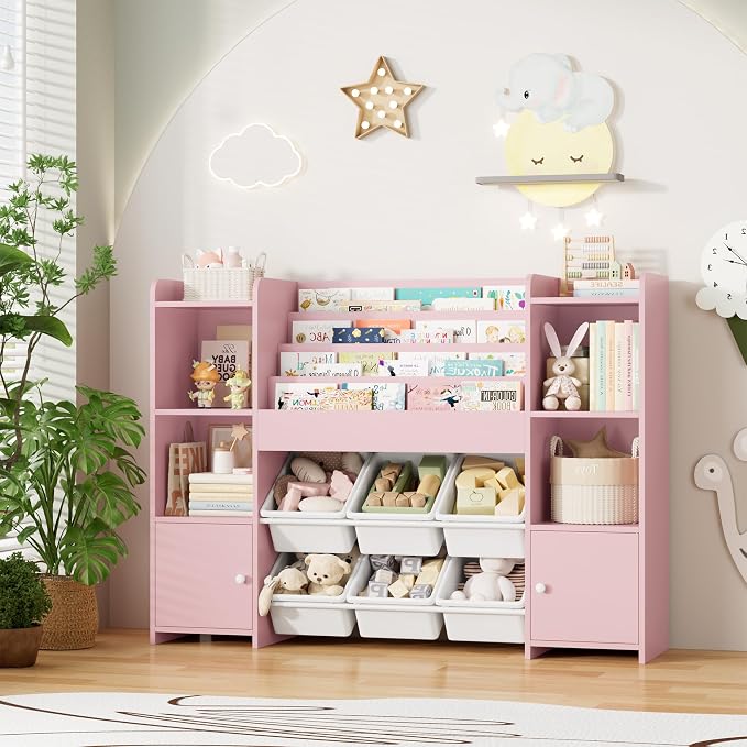 Toy Storage Organizer with 6 Toy Bins & 4 Tier Kids Bookshelf | Toy Organizer with 6 Cubbies, Kids Toy Organizers and Toy Storage with Bins, Playroom Storage and Toy Chest, Pink - Image 8