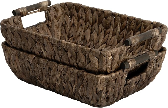 StorageWorks Wicker Storage Basket, Organizing Baskets for Shelf, Brown | Wicker Storage Baskets for Shelves, Baskets with Wooden Handles, 2-Pack Gifts Basket for Home Decor, Hand-Woven Basket by StorageWorks