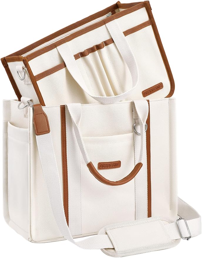 BESBESME Women’s Canvas Tote Bag with Zipper and Compartments – Multi-Pocket Laptop Work Crossbody Shoulder Tote Purse by BESBESME