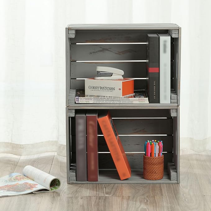 Gray Wooden Crates are Mainly Suitable for Storage, Tool Crate, Wine Crate, Camping, and Other Multi-Purpose. Rustic Style, They are Sturdy and Durable, set of 2 Length of 17.7 inches. - Image 5