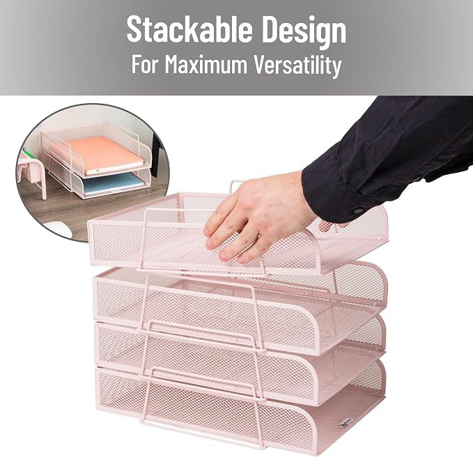Mind Reader Stackable Paper Tray, Desktop Organizer, File Storage, Office, Metal Mesh, 10.5" L x 13.5" W x 11.25" H, 4 Pcs., Pink - Image 4