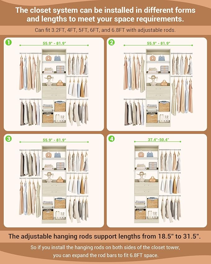 Besiost Small Closet System, 3.2-6.8FT Small Closet Organizer with 5 Hanging Rods, Can Fit 37.5 to 81.9 inch Walk-in Closet System, Built-in, Greige Oak, Enclosed Storage Volume 2.32 ft³ - Image 4