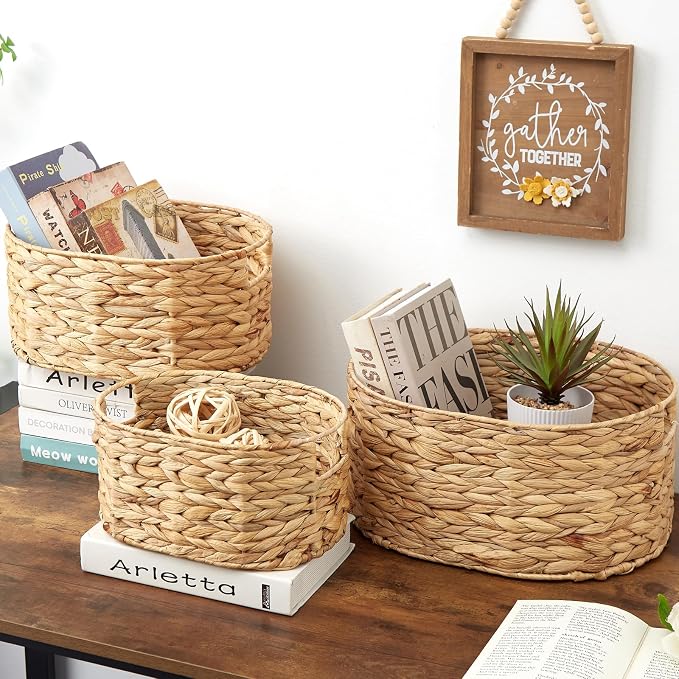 Wicker Basket, 3-Pack Hand-Woven Water Hyacinth Wicker Storage Basket with Handles, Large Woven Storage Baskets for Shelves, Round Storage Baskets for Organizing & Decor - Image 3
