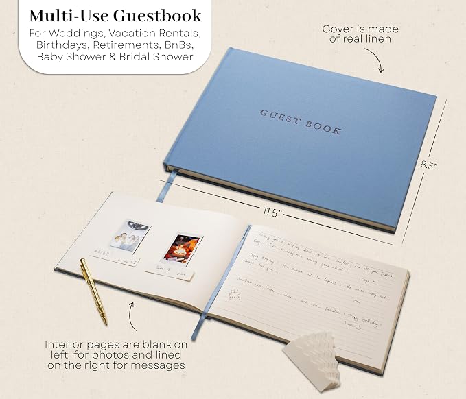Real Linen Guest Book Set - 11.5 x 8.5 Embossed Guestbook for Weddings, Showers, Events, Blank & Lined, Comes with Sign, Pen, Box and Photo Sleeves, 120 Pages (Light Blue) - Image 5