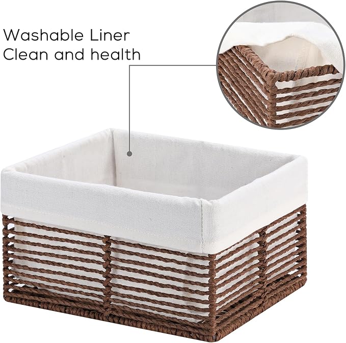 Wicker Storage Basket, Hand-Woven Paper Rope Woven Baskets, Rectangular Small Wicker Baskets for Organizing, Cube Storage Bins for Closet/Clothes/Dresser, Brown, 5-Pack - Image 3
