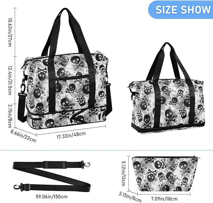 MNSRUU Travel Duffel Tote Bag Skulls Black Grey Paisley Sports Duffel Bag with Wet Pocket Weekender Overnight Bag for Women Men Gym Bag, Carry On Bag Hospital Bag for Labor & Delivery - Image 2