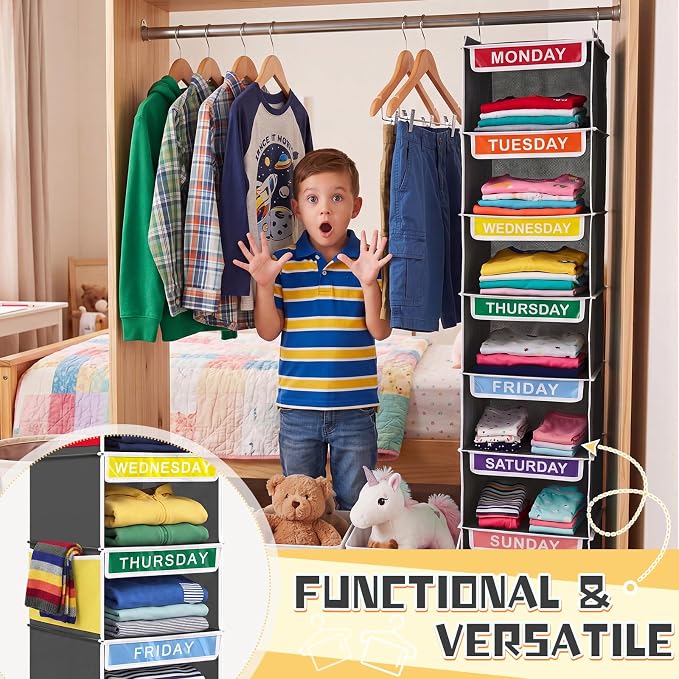2 Pcs 7 Shelf Weekly Clothes Organizer for Kids Hanging Closet Organizer 11. 8 x 11. 8 x 50 Inch Daily Activity Kids Clothes Storage Drawers Cube Drawers Closet Hanging Shelves (Grey) - Image 4