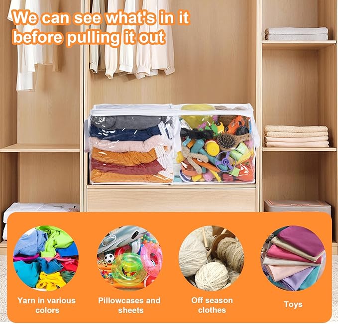 Wholelovein 6 PCS Clear Plastic Organizers 12''x12''x12'' Blanket Storage Bags with Zipper Storage Cube Tote with Reinforced Handles for Clothes Moving Supplies Linens Shoes Closet Toys Organizers - Image 4