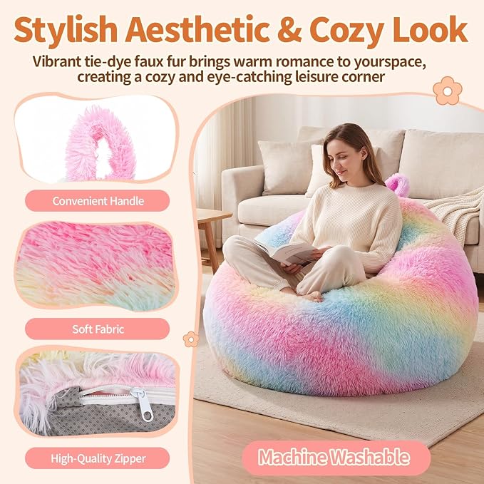 Stuffed Animal Storage Bean Bag Chair Cover, Soft Bean Bag Cover | Fluffy Faux Fur Stuffed Animal Storage Chair, Non-Slip Bottom, Fill with Plush Toys or Blankets, for Adults Teens Kids Girls - Image 5
