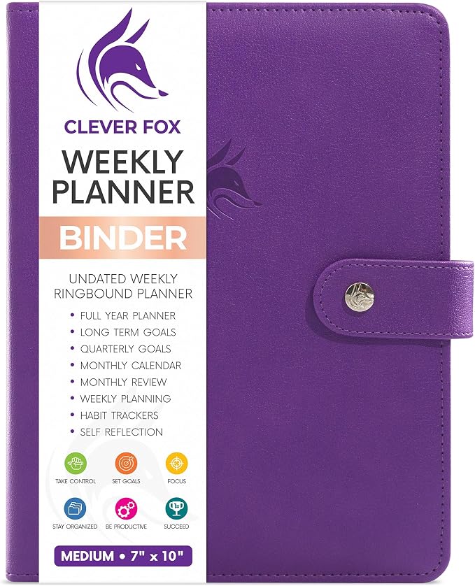 Clever Fox Weekly Planner Binder, Undated Daily A5 Eco Leather Purple | 7 x 10 in with A5 pages, mini 3 ring portfolio organizer, work time manager, day runner, agenda book with monthly calendars by CleverFox