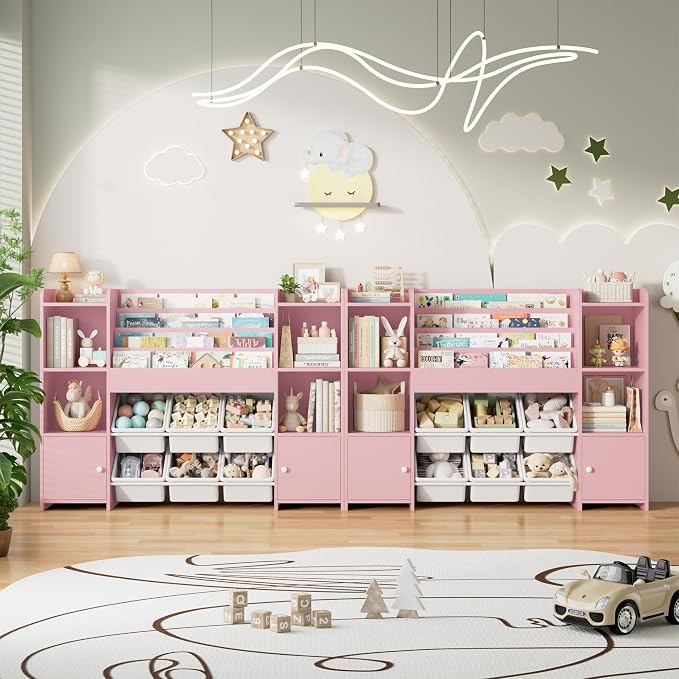Toy Storage Organizer with 6 Toy Bins & 4 Tier Kids Bookshelf | Toy Organizer with 6 Cubbies, Kids Toy Organizers and Toy Storage with Bins, Playroom Storage and Toy Chest, Pink - Image 9
