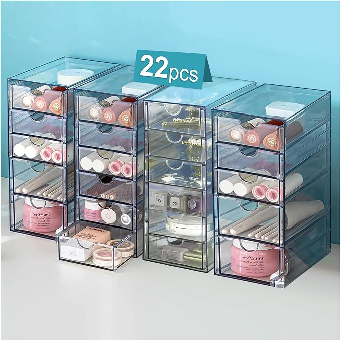 Acrylic Drawer Organizer with 22 Drawers, 4 Set Craft Organizers and Storage, Clear Storage Drawers, Desk Drawer Organizer for Vanity, Office Supplies, Jewelry, Pen by UDUK