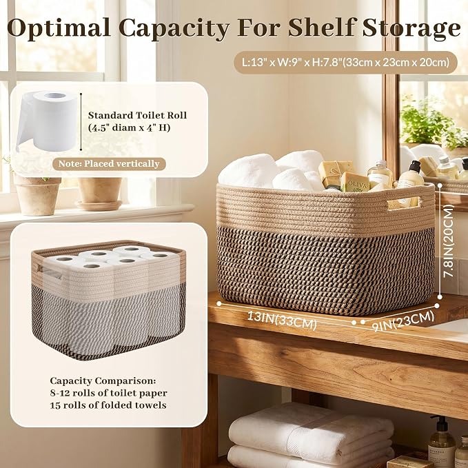 OIAHOMY 4 Pack Storage Basket, 13"x9"x7.8" Cotton Rope Baskets for Shelves, Closet Organizer for Bedroom & Living Room, Soft Decorative Bins for Organizing Towels, Books & Toys, Brown & Black - Image 2