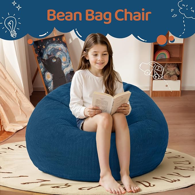 2FT Bean Bag Chair: 2' Small Bean Bags with Memory Foam Filled | Beanbag Chairs with Handle,Teardrop Bean Bag Sofa with Corduroy Machine Washable Cover for Living Room,Bedroom-Dark Blue - Image 3