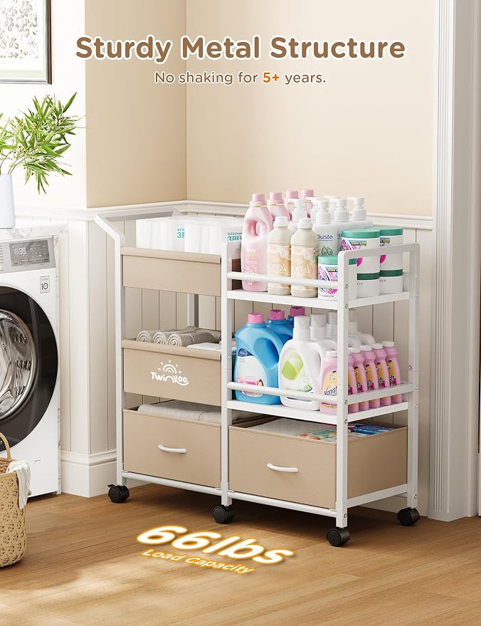Twinkoo Baby Diaper Caddy Organizer, 3 Tier Rolling Cart | Tiered Modular Configuration, 66 lbs Capacity, Rolling Wheels, Dipaer Bag, Nursery Newborn Essentials, Easy To Assemble - Image 4