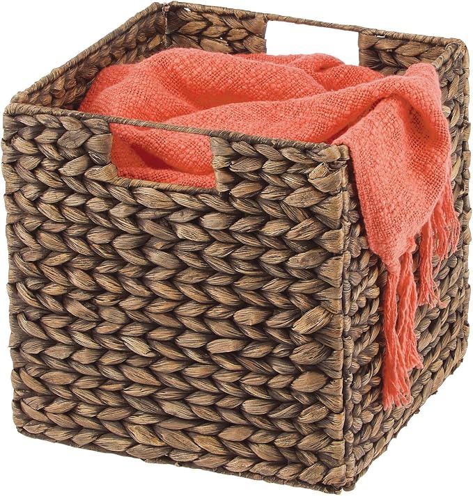mDesign Natural Woven Hyacinth Cube Organizer Basket with Handles, Storage for Bathroom, Laundry Room Shelf or Nursery - Perfect for Cubby Storage Units - Hold Blankets and Books - 2 Pack, Brown Wash - Image 5