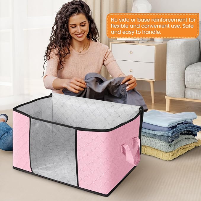 4 Pack Storage Bags for Clothes Blanket Storage Bins with Lids | Foldable Closet Organizers with Zippers,Window and Handles,Fabric Storage Bins for Sweater,Comforter,Bedding,Dorm essentials - Image 3
