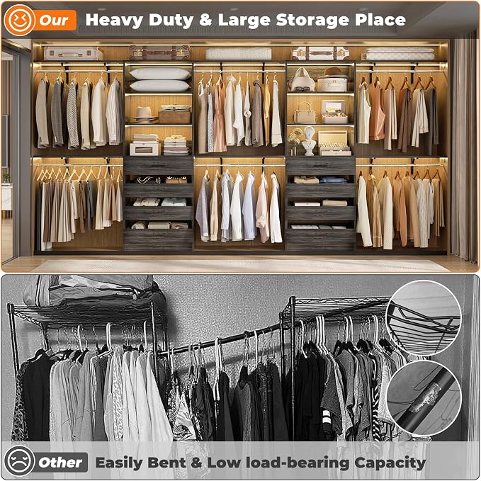 Aheaplus Closet System, Wood Closet Organizer System with Drawers,Black Oak | Set 2 Closet Wardrobe Organizer System with 4 Hanging Rods & Top Shelves, for Walk-in Closets, Cut Fits Spaces 4-9FT. Wide - Image 6