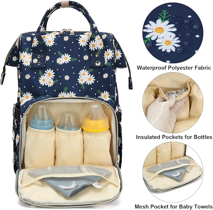 Daisy Baby Diaper Bag Backpack for Women, Large Capacity Waterproof Maternity Travel Nappy Backpacks with Stroller Straps - Image 2