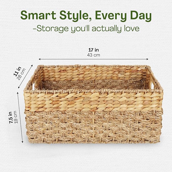 Large Wicker Storage Baskets with Handles, 17 x 11 x 7.5 Inches | Natural Seagrass and Hyacinth, Woven Storage Basket, For Organizing Shelves, Closet, Pantry, Living Room - Image 3