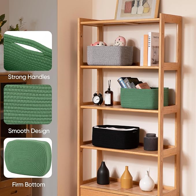 OIAHOMY 4 Pack 14.17 * 11.02 * 6.3IN Storage Baskets for Organizing Shelves, Woven Rope Baskets for Organizing Books, Clothes, Decorative Basket for Living Room, Nursery, Bedroom, Gift Basket, Green - Image 3