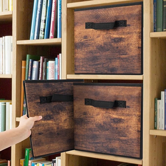 EWES 11 Inch Fabric Storage Cubes, 8 Pack Foldable Storage Bins with Handle, Storage Baskets Box for Shelves, Closet, Organizer, Rustic Brown and Black - Image 6