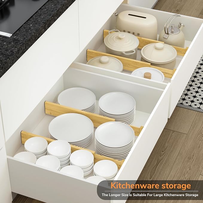 BAMEOS Bamboo Expandable Drawer Dividers – Fits 16.65"–22" Drawers, 3" Deep Walls, Set of 4 | Taller Spring-Loaded Separator Keeps Items Upright in Kitchen & Dresser Drawers - Image 3
