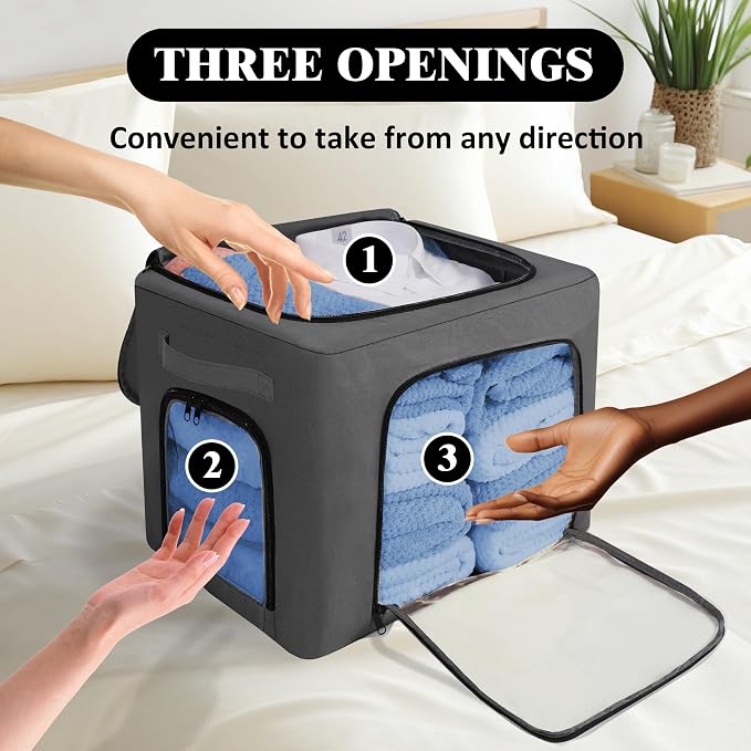GuliPostan 3 Pack 40L Stackable Clothes Storage Bins with Metal Frame Handles & Zipper, Collapsible Closet Organizer Box with Lid for Bedding Blankets Towel (Dark Grey) - Image 5
