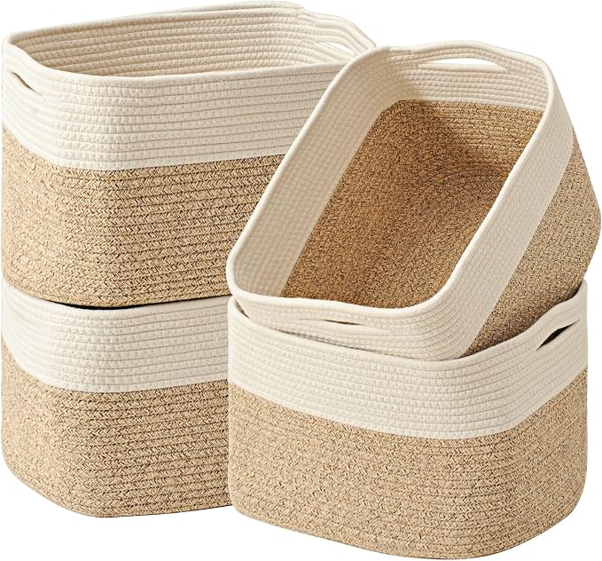 ICERZCZ Storage Baskets for Organizing & Shelves, Woven Cotton Rope Organization Bins for Dog Toys, Clothes, Books, Nursery Organizer, 15"Lx11''Wx9.5''H, (4 Packs) Off White & Brown by ICERZCZ