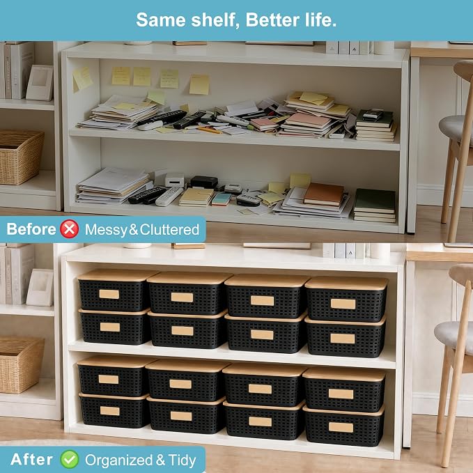 4 Pack Plastic Storage Bins with Bamboo Lids, 6.2qt Stackable Storage Organizer Box with Lable for Pantry Shelves Drawers Desktop Office, 12"L x 8.3"W x 3.5"H, Black - Image 7