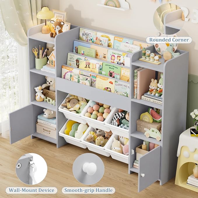 Toy Storage Organizer with 6 Toy Bins & 4 Tier Kids Bookshelf | Toy Organizer with 6 Cubbies, Kids Toy Organizers and Toy Storage with Bins, Playroom Storage and Toy Chest, Grey - Image 3
