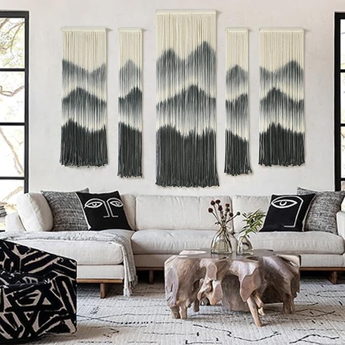 5Pcs Macrame Wall Hanging Dip Dyed Mountain Wall Decor Handmade Yarn Art | Cotton Rope Craft, Handmade Macrame Art, 5 Piece Wall Hanging Set, Ready To Hang, Wedding Decoration, Bedroom Wall Art by IOWER