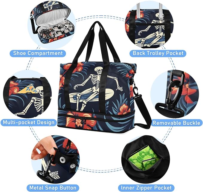 Travel Duffel Tote Bag Gothic Skull and Flower Sports Duffel Bag with Wet Pocket Weekender Overnight Bag for Women Men Gym Bag, Carry On Bag Hospital Bag for Labor and Delivery - Image 2
