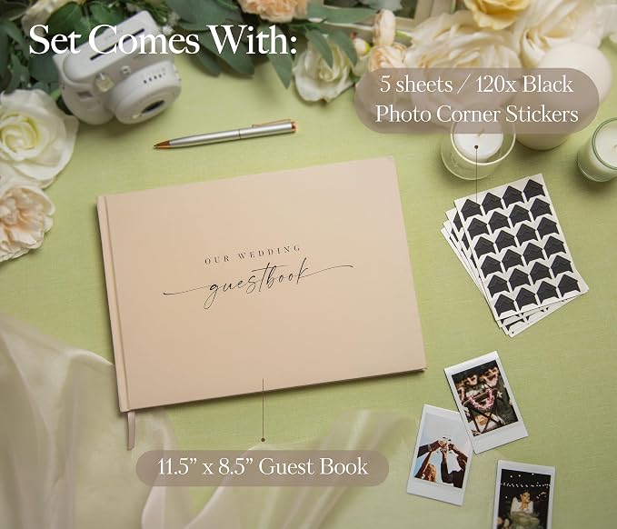 Wedding Photo Guest Book (Oats) - Includes 120 Black Photo Corner Stickers | 11.5" x 8.5" Photo Booth Sign In Book for Reception & Ceremony | Engagement Party Keepsake w/ Photo Slots and Lined Pages - Image 2