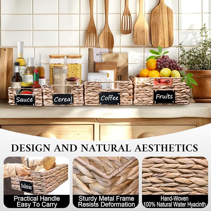 Set of 4 Sizes Hand-Woven Pantry Shelf Baskets, Hyacinth Storage Baskets with Chalkboard Labels & 2 Chalk Markers, Wicker Nestable Shelf Basket Set for Organizing Pantry Laundry Shelves - Image 4