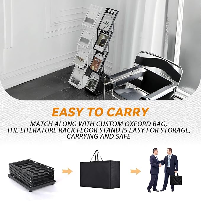 Foldable Magazine Rack Metal Catalog Literature Rack, Literature Stand Rack | Collapsible Flyer Holder,Portable 4 Pockets with Carrying Bag,Floor-Standing Holder Stand for Exhibition Trade Show,Black - Image 3