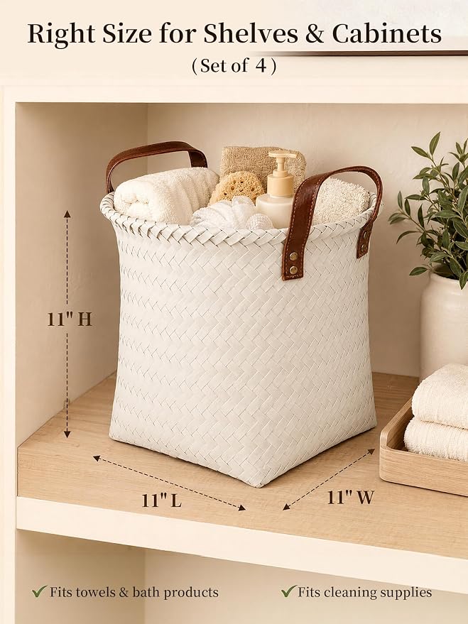 Wicker Storage Baskets, 4 Pack Woven Baskets for Shelves, White | PP Rattan, Water-resistant Wicker Basket, Large Baskets with Faux Leather Handles for Blanket, Laundry Organizer, Room Decor - Image 2